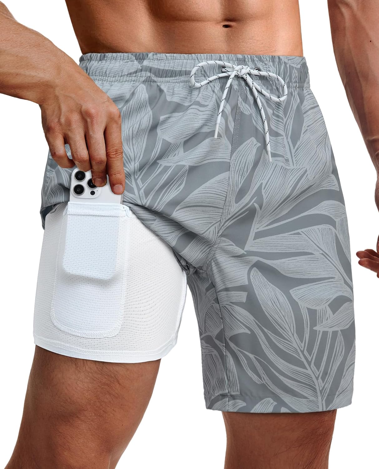Men's 9 Inch Swim Trunks - UPF 40+ Board Shorts with Compression Liner, Velcro Pocket and Drain Holes - Medium
