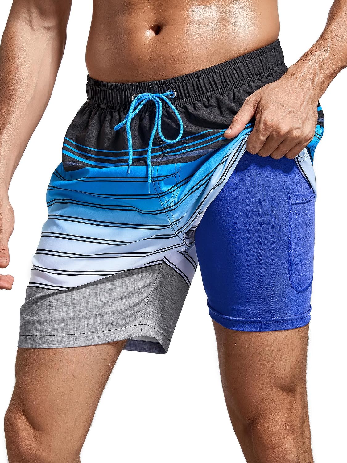 Men's 7 Inch Swim Trunks - 2 in 1 Compression Liner, Adjustable Waist and Side Zipper Pockets for Water Sports - Large