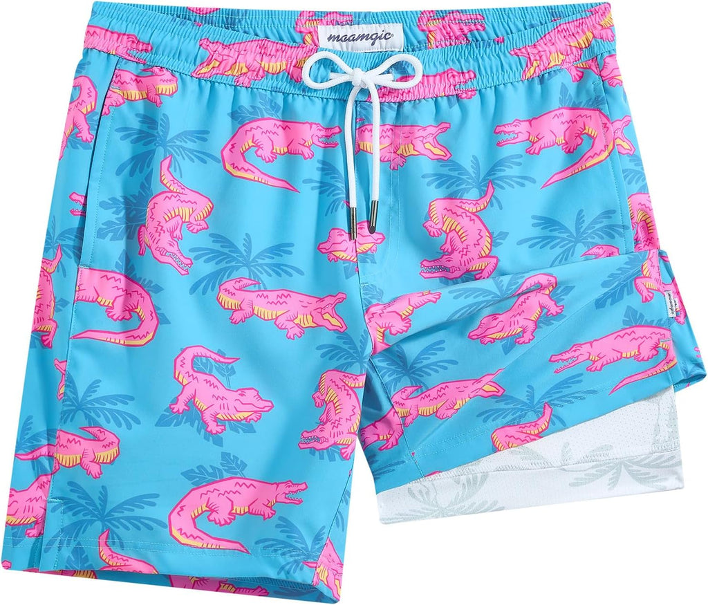 Men's 7 Inch Swim Trunks - Printed Quick Dry Bathing Suit with Compression Liner for Beach and Poolside - Small