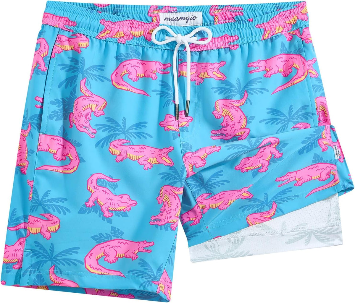 Men's 7 Inch Swim Trunks - Printed Quick Dry Bathing Suit with Compression Liner for Beach and Poolside - Small