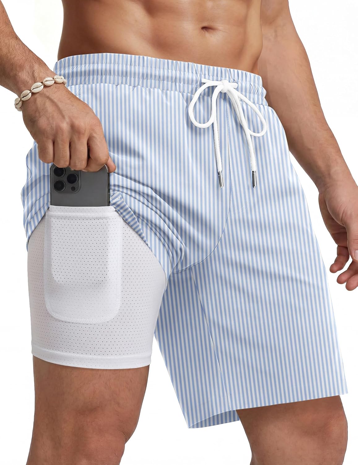 Men's 7 Inch Swim Trunks - Quick Dry Bathing Suit with Compression Liner and Zipper Pockets for Beach Trips - Medium