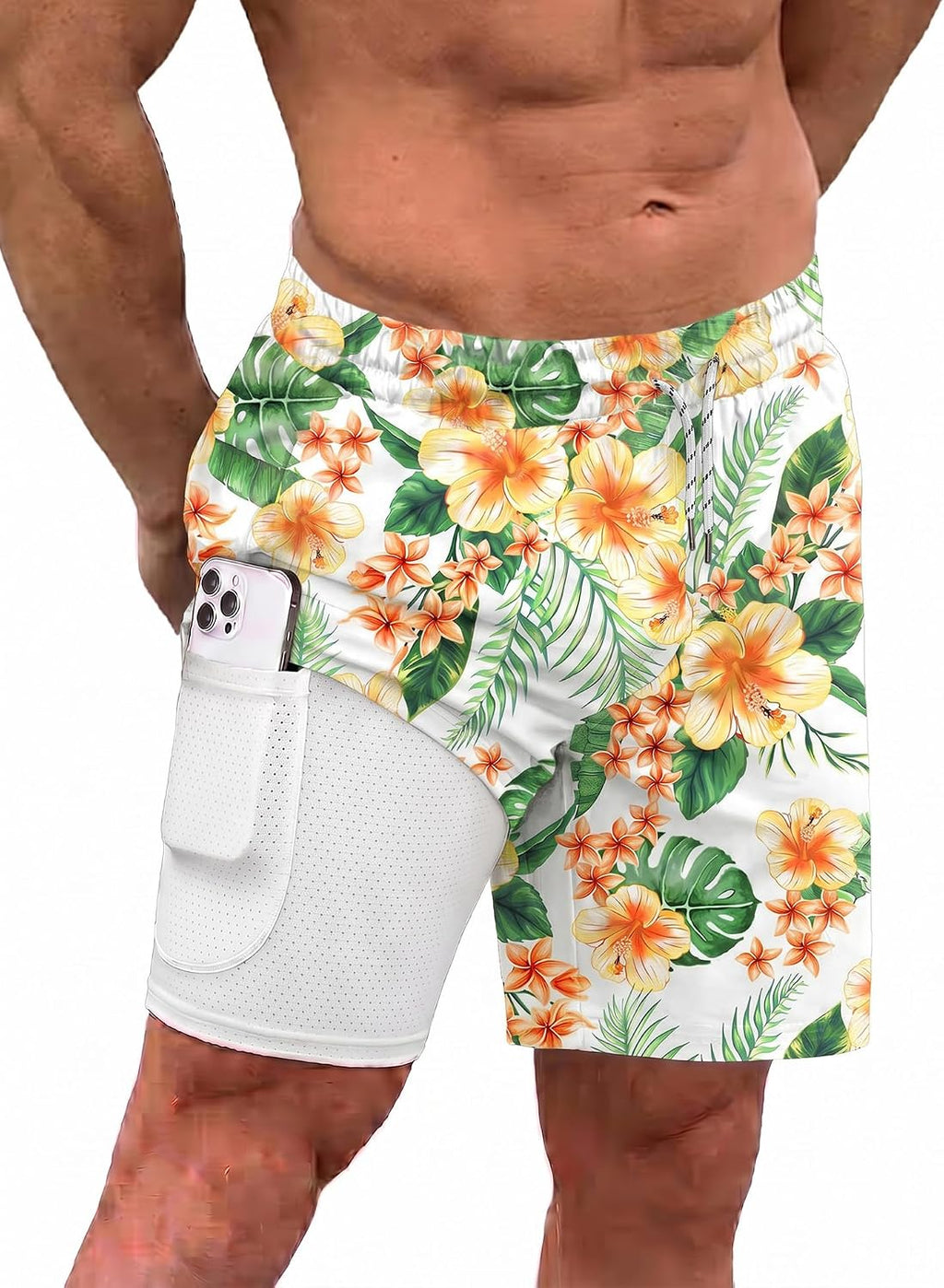 Men's 2 in 1 Swim Trunks - Quick Dry Board Shorts with Compression Liner and Printed Designs for the Beach - Plam Leaf (