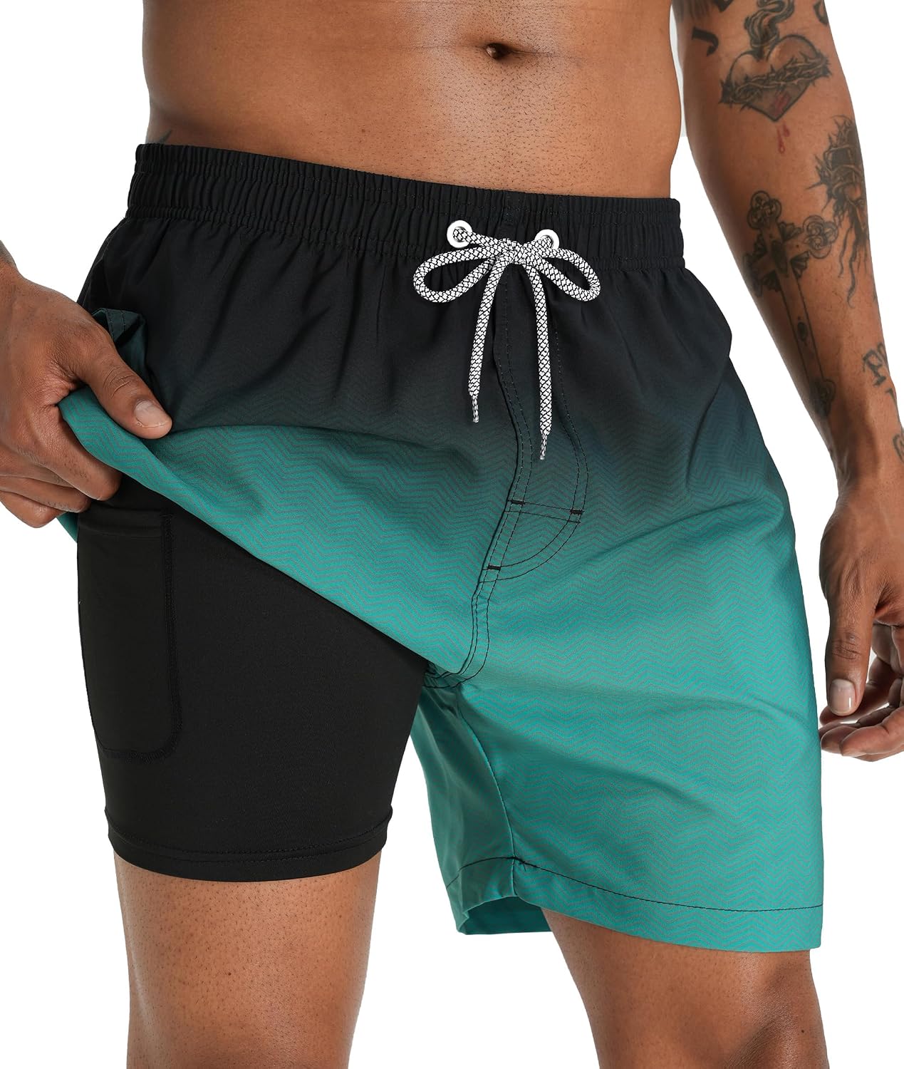 Men's 5 Inch Swim Trunks - Printed Beach Bathing Suit with Compression Liner and Elastic Waist for Poolside - Medium