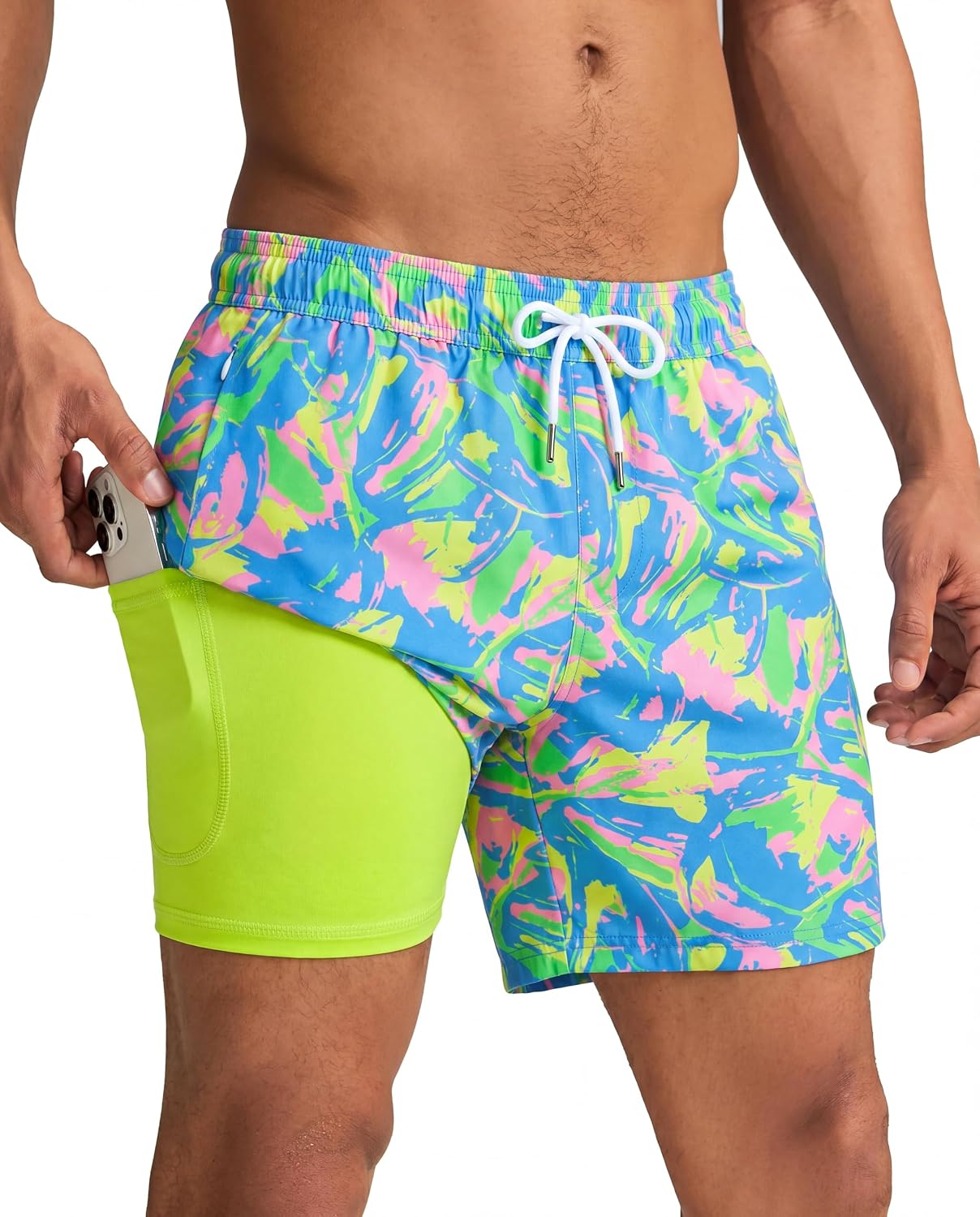 Men's Quick Dry Swim Trunks - 5 Inch Inseam with Built-In Compression Liner for Beach and Pool Days - Banana (5)