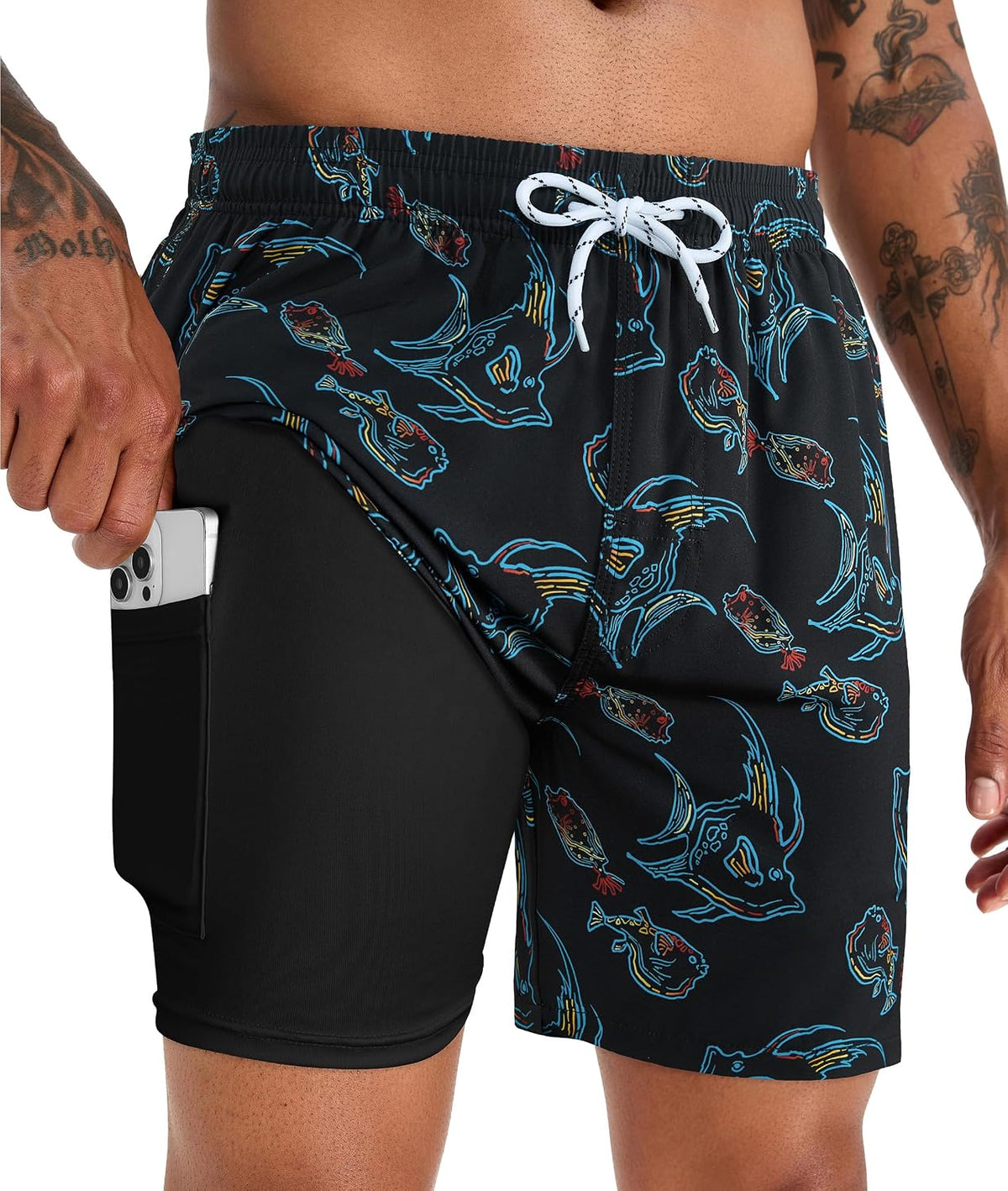 Men's 5 Inch Swim Trunks - Printed Beach Bathing Suit with Compression Liner and Elastic Waist for Poolside - Small