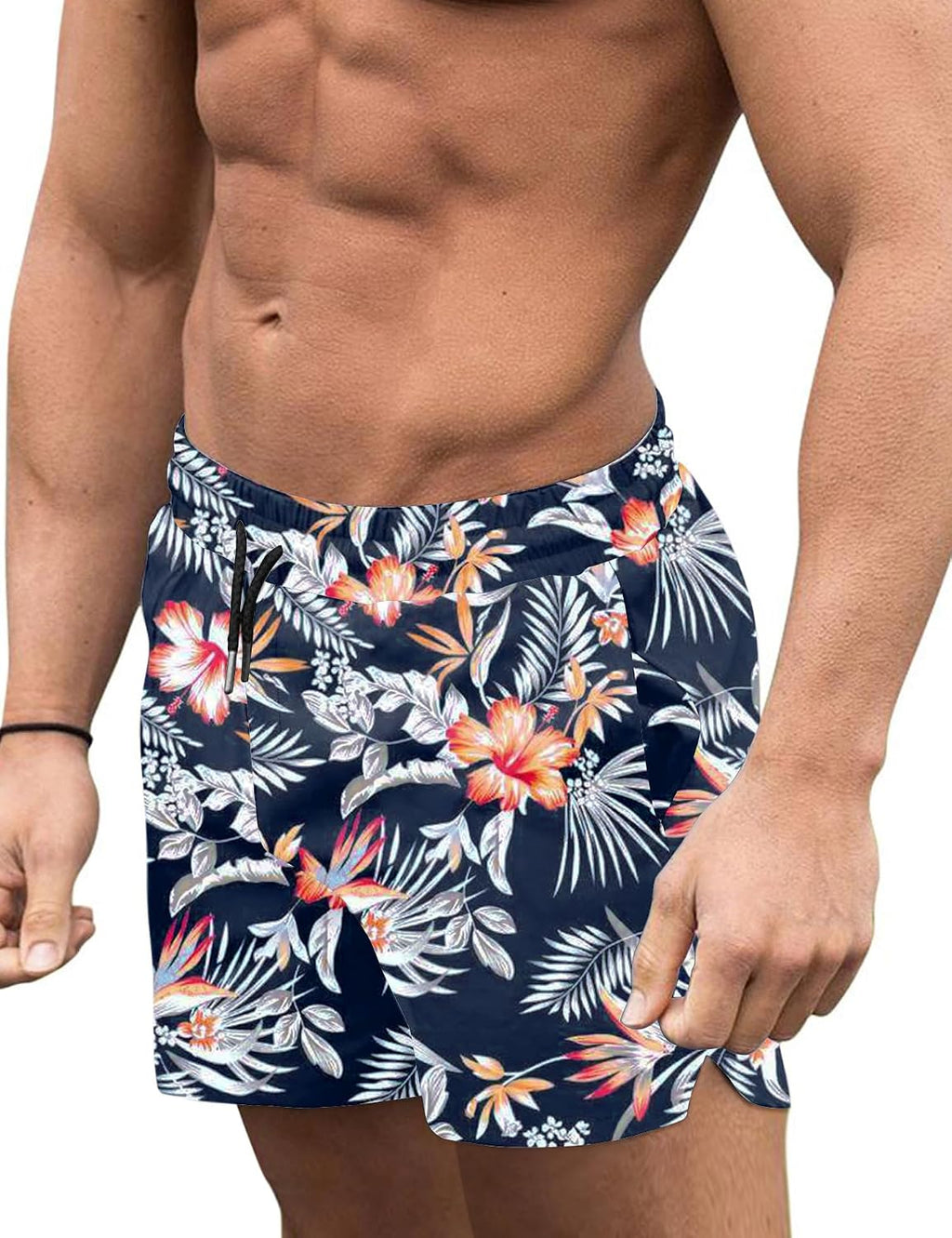 Men's 3 Inch Swim Trunks - Four Way Stretch Board Shorts with Mesh Lining and Two Side Pockets - Large
