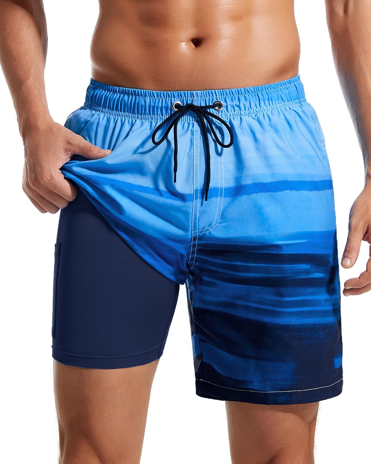 Men's 7 Inch Swim Trunks - 2 in 1 Compression Liner, Adjustable Waist and Side Zipper Pockets for Water Sports - Small