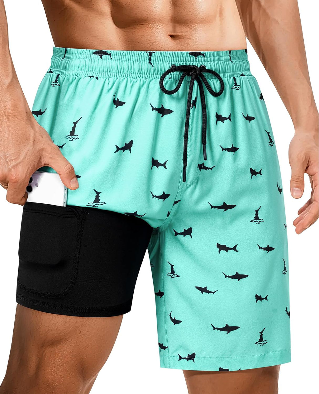 Men's 9 Inch Swim Trunks - UPF 40+ Board Shorts with Compression Liner, Velcro Pocket and Drain Holes - Small
