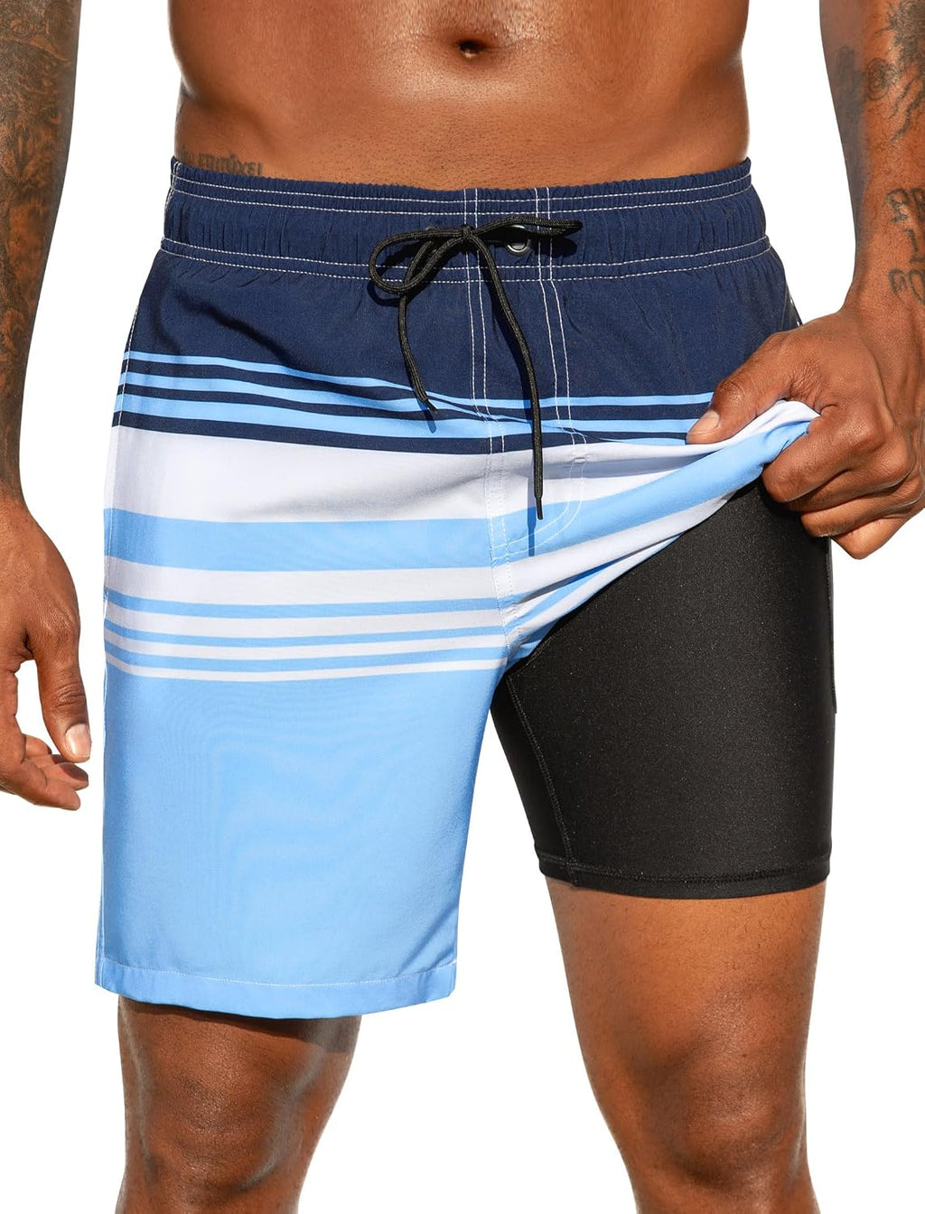 Men's 7 Inch Swim Trunks - 2 in 1 Compression Liner, Adjustable Waist and Side Zipper Pockets for Water Sports - Small