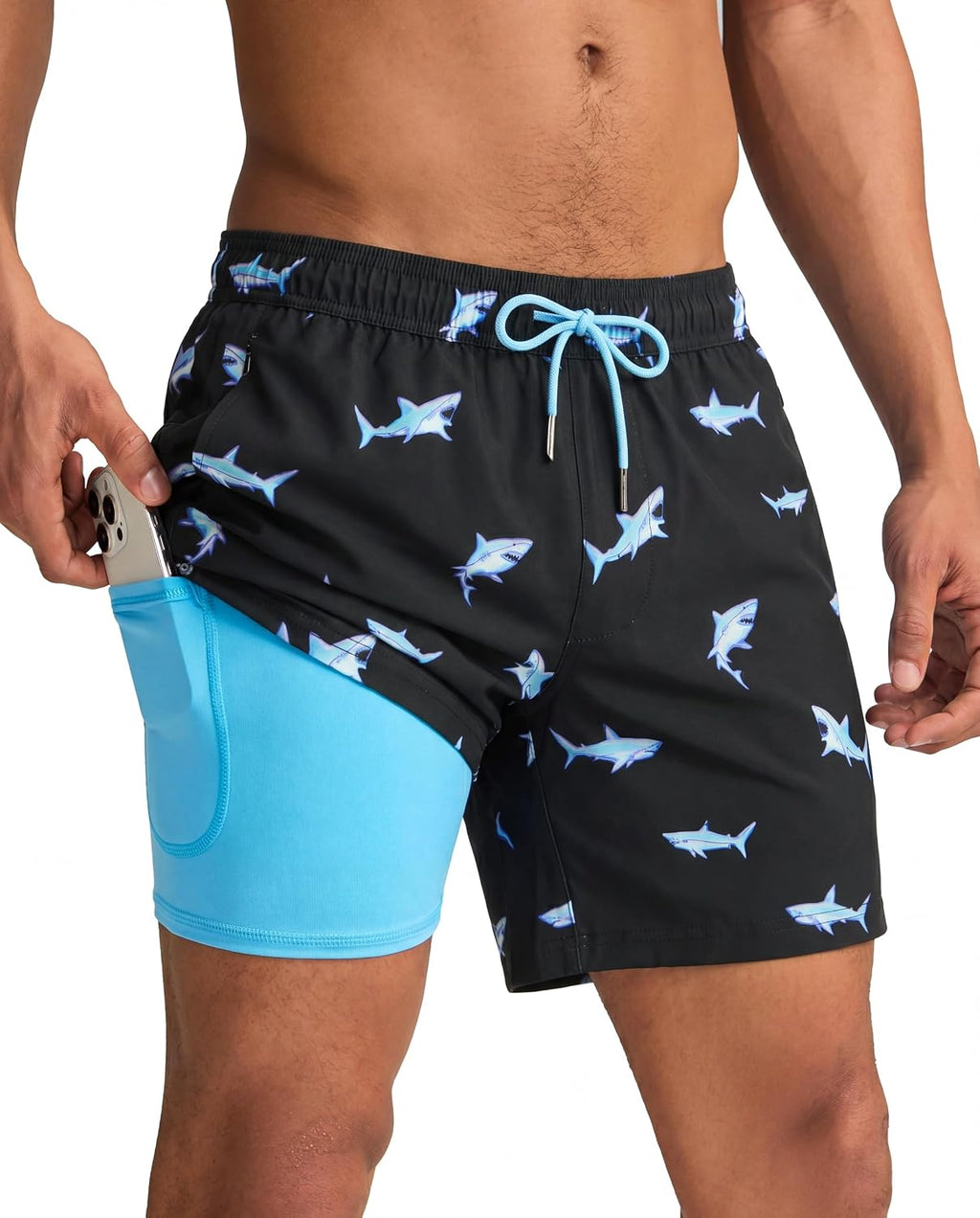 Men's Quick Dry Swim Trunks - 5 Inch Inseam with Built-In Compression Liner for Beach and Pool Days - Blue-pink Flamingo