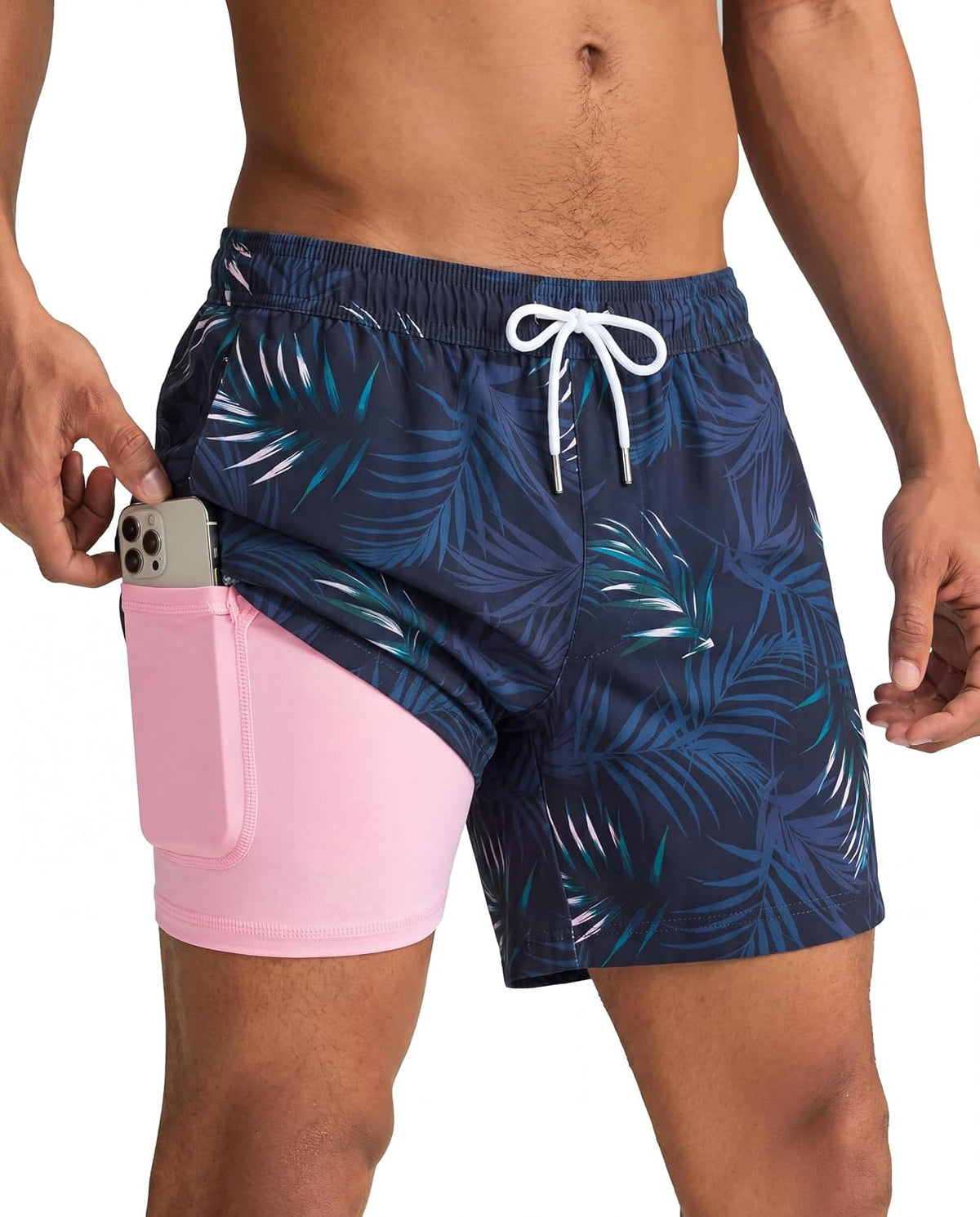 Men's Quick Dry Swim Trunks - 5 Inch Inseam with Built-In Compression Liner for Beach and Pool Days - Blue-swimming Duck