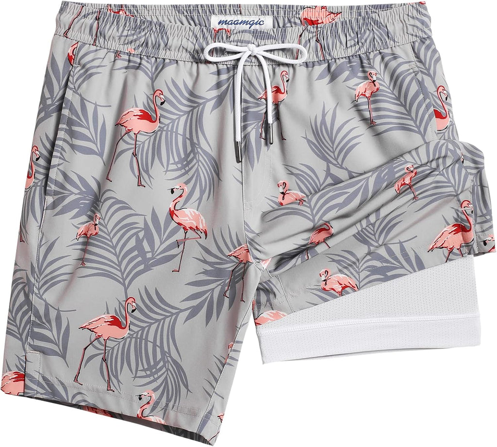 Men's 7 Inch Swim Trunks - Printed Quick Dry Bathing Suit with Compression Liner for Beach and Poolside - Medium