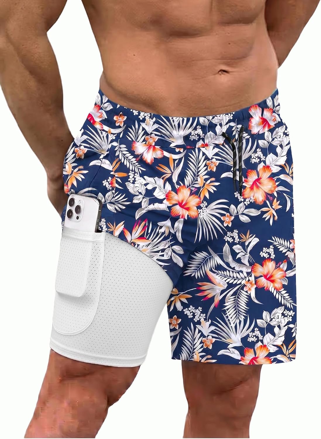 Men's 2 in 1 Swim Trunks - Quick Dry Board Shorts with Compression Liner and Printed Designs for the Beach - Plam Leaf (