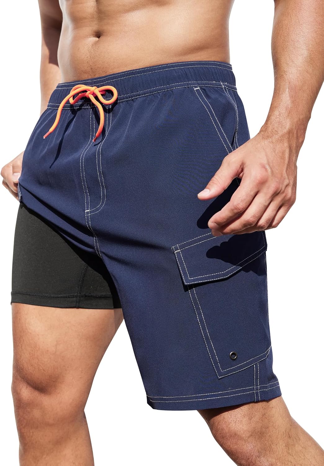 Men's Cargo Swim Trunks - 9 Inch Board Shorts with Compression Liner and Deep Side Pockets for Water Parks - Medium
