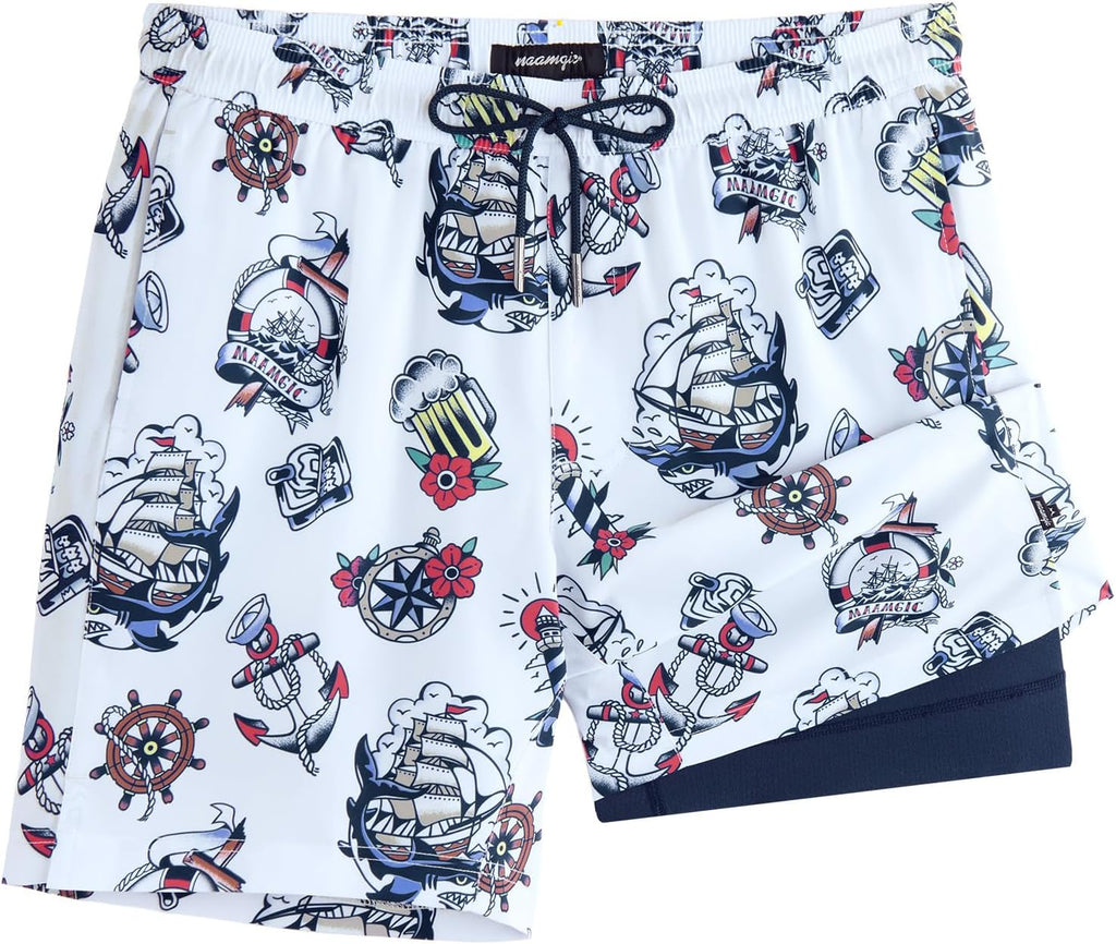 Men's 7 Inch Swim Trunks - Printed Quick Dry Bathing Suit with Compression Liner for Beach and Poolside - Large