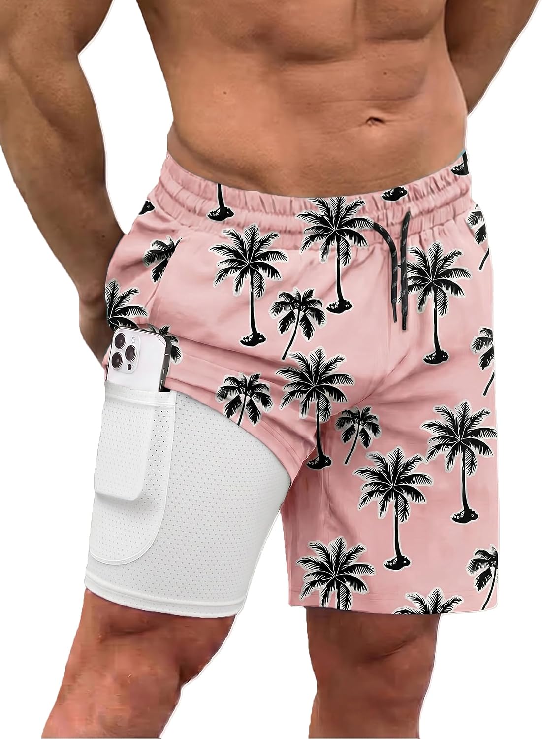 Men's 2 in 1 Swim Trunks - Quick Dry Board Shorts with Compression Liner and Printed Designs for the Beach - Plam Leaf