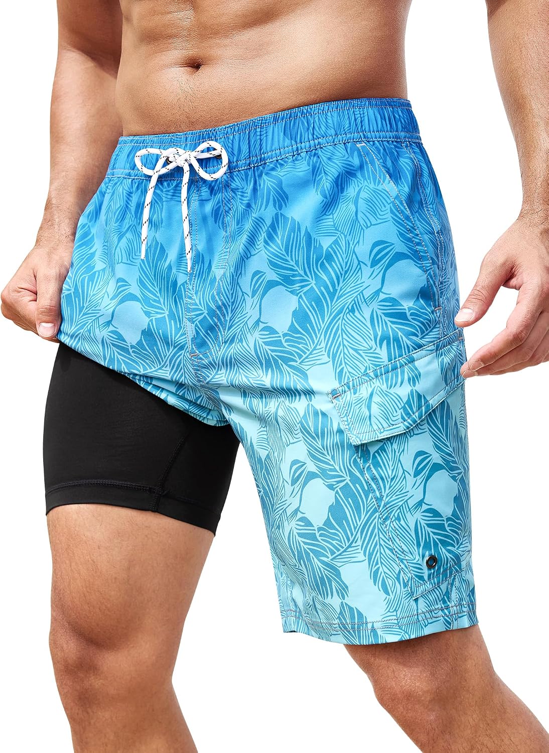 Men's Cargo Swim Trunks - 9 Inch Board Shorts with Compression Liner and Deep Side Pockets for Water Parks - Medium