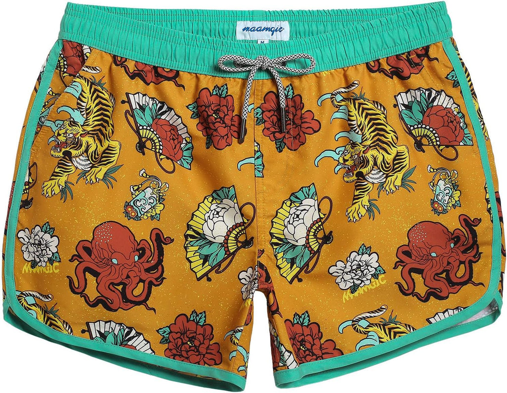Men's Retro Swim Trunks - 80s and 90s Vintage Print Board Shorts with Mesh Lining and Quick Dry Fabric - Small (15)
