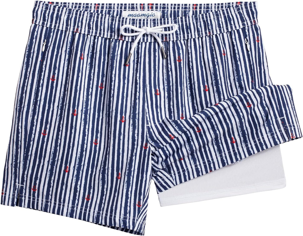 Men's Quick Dry Swim Trunks - 5 Inch Inseam with Built-In Compression Liner for Beach and Pool Days - Blue-pink Flamingo