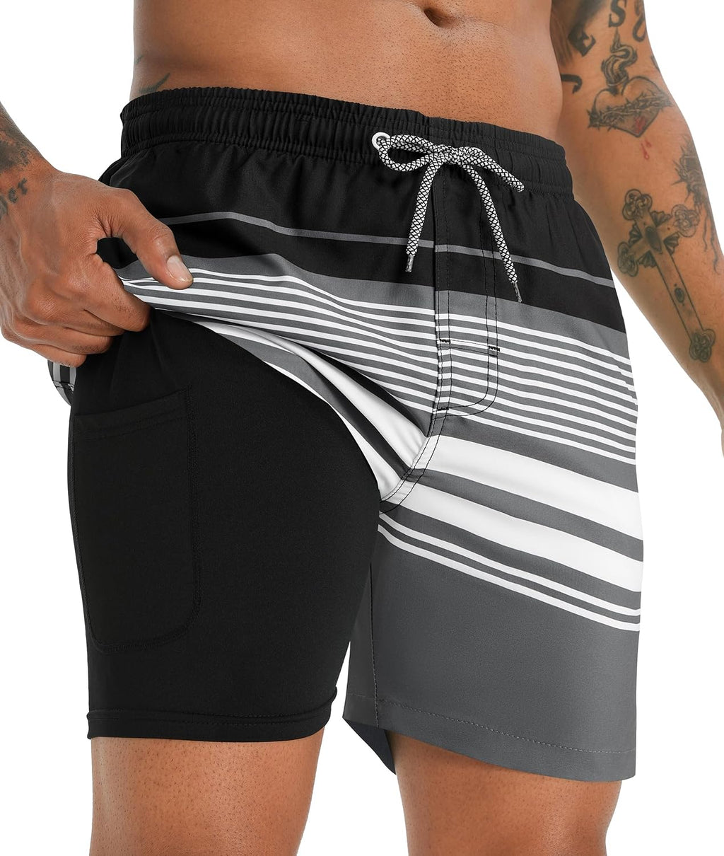 Men's 5 Inch Swim Trunks - Printed Beach Bathing Suit with Compression Liner and Elastic Waist for Poolside - Large