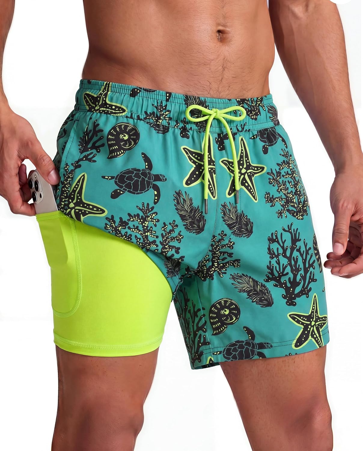 Men's Quick Dry Swim Trunks - 5 Inch Inseam with Built-In Compression Liner for Beach and Pool Days - Blue-pink Flamingo