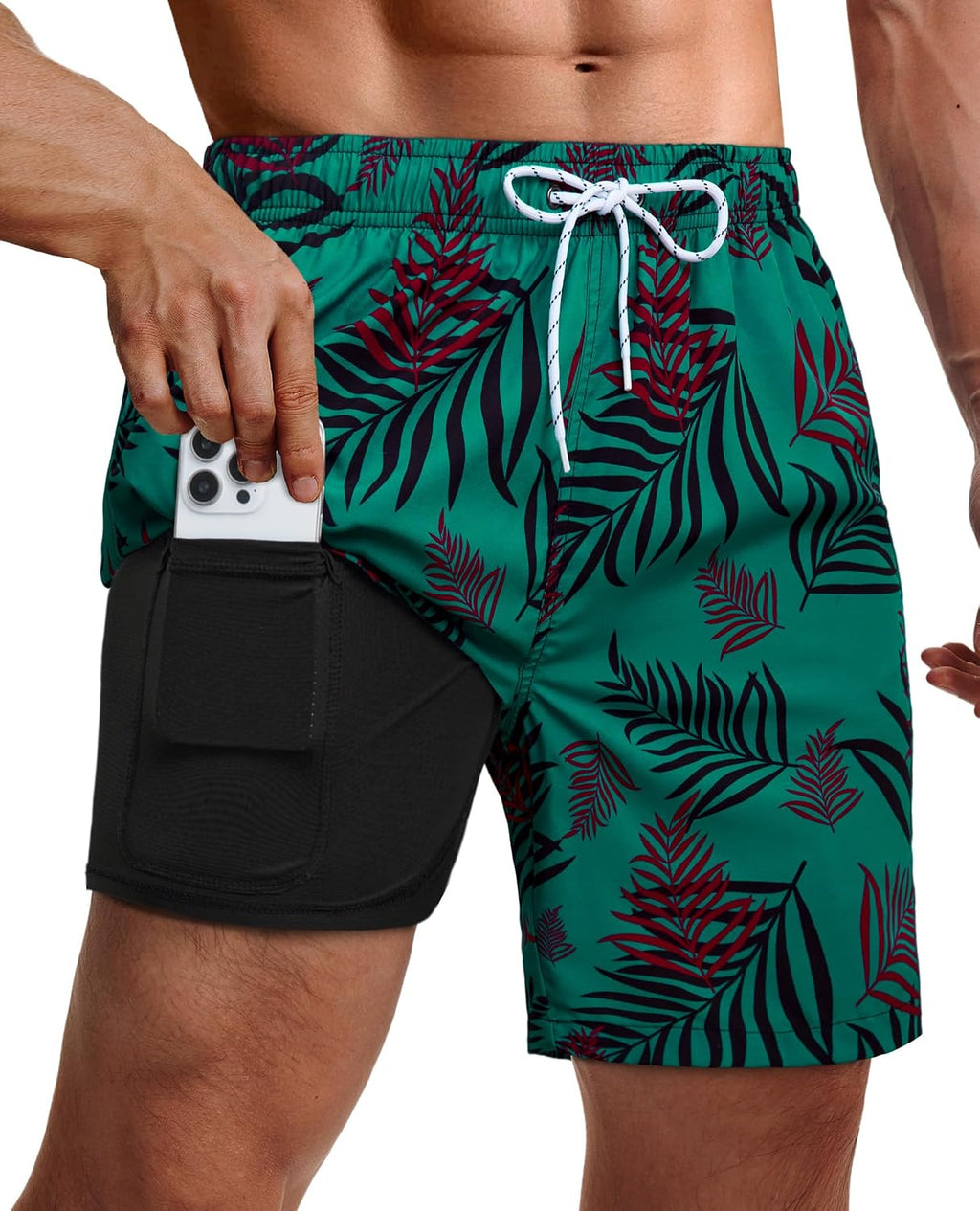 Men's 9 Inch Swim Trunks - UPF 40+ Board Shorts with Compression Liner, Velcro Pocket and Drain Holes - Large