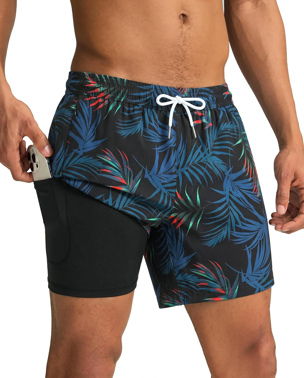 Men's Quick Dry Swim Trunks - 5 Inch Inseam with Built-In Compression Liner for Beach and Pool Days - Blue-swimming Duck
