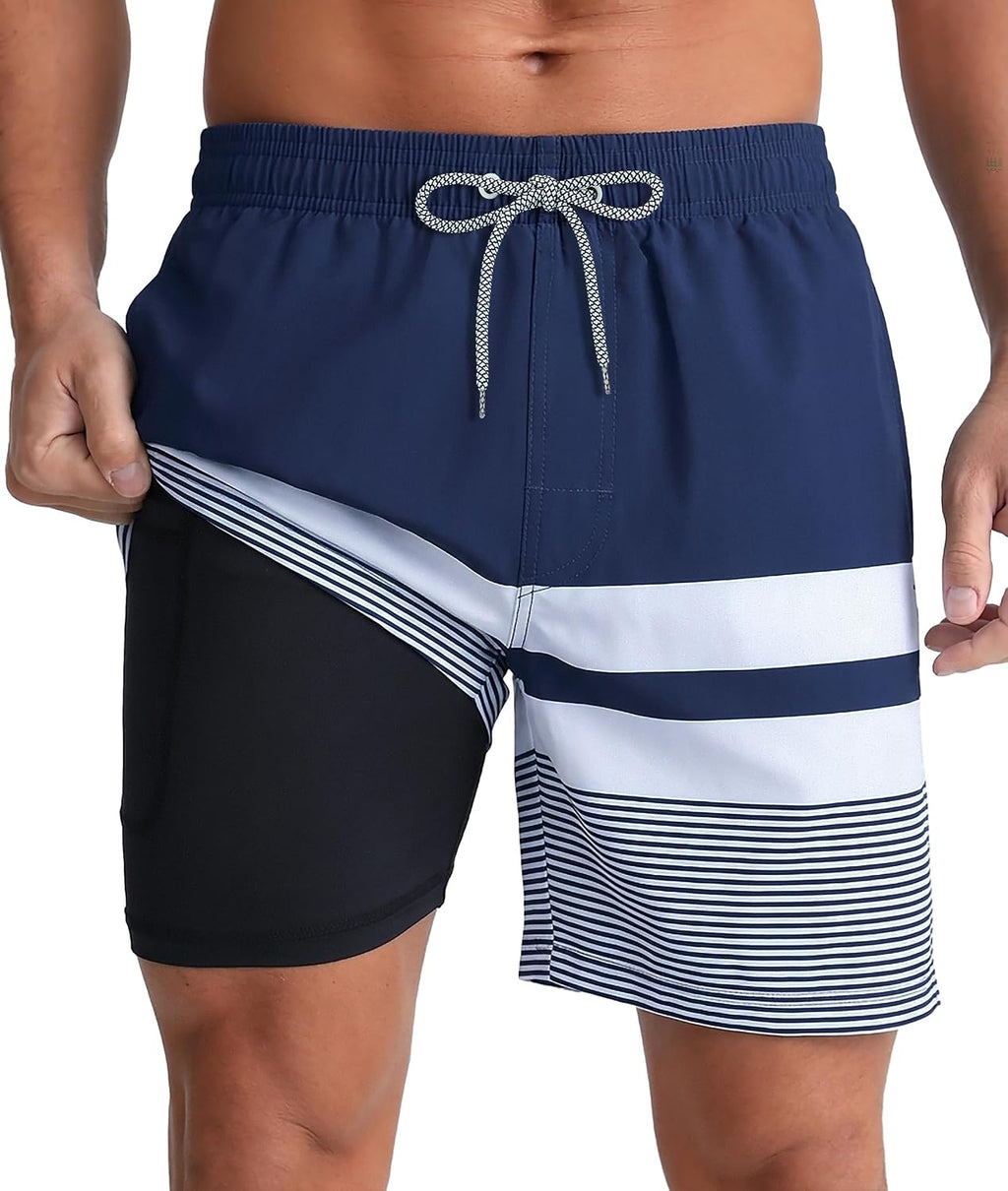 Men's 5 Inch Swim Trunks - Printed Beach Bathing Suit with Compression Liner and Elastic Waist for Poolside - Medium