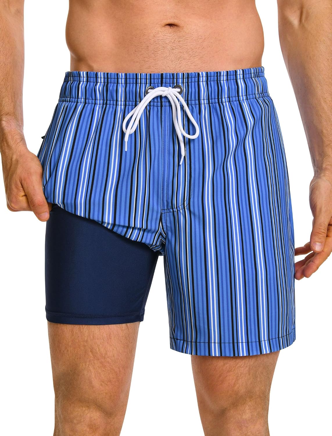 Men's 7 Inch Swim Trunks - 2 in 1 Compression Liner, Adjustable Waist and Side Zipper Pockets for Water Sports - Small
