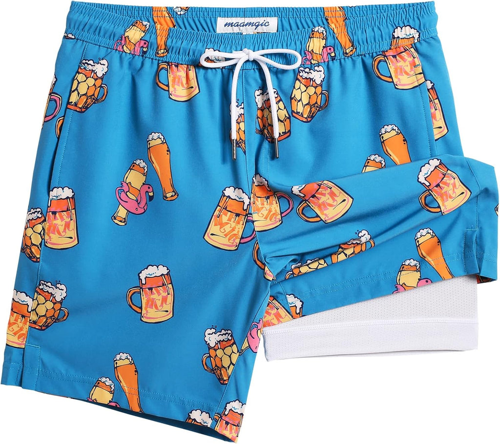 Men's 7 Inch Swim Trunks - Printed Quick Dry Bathing Suit with Compression Liner for Beach and Poolside - Large (30)