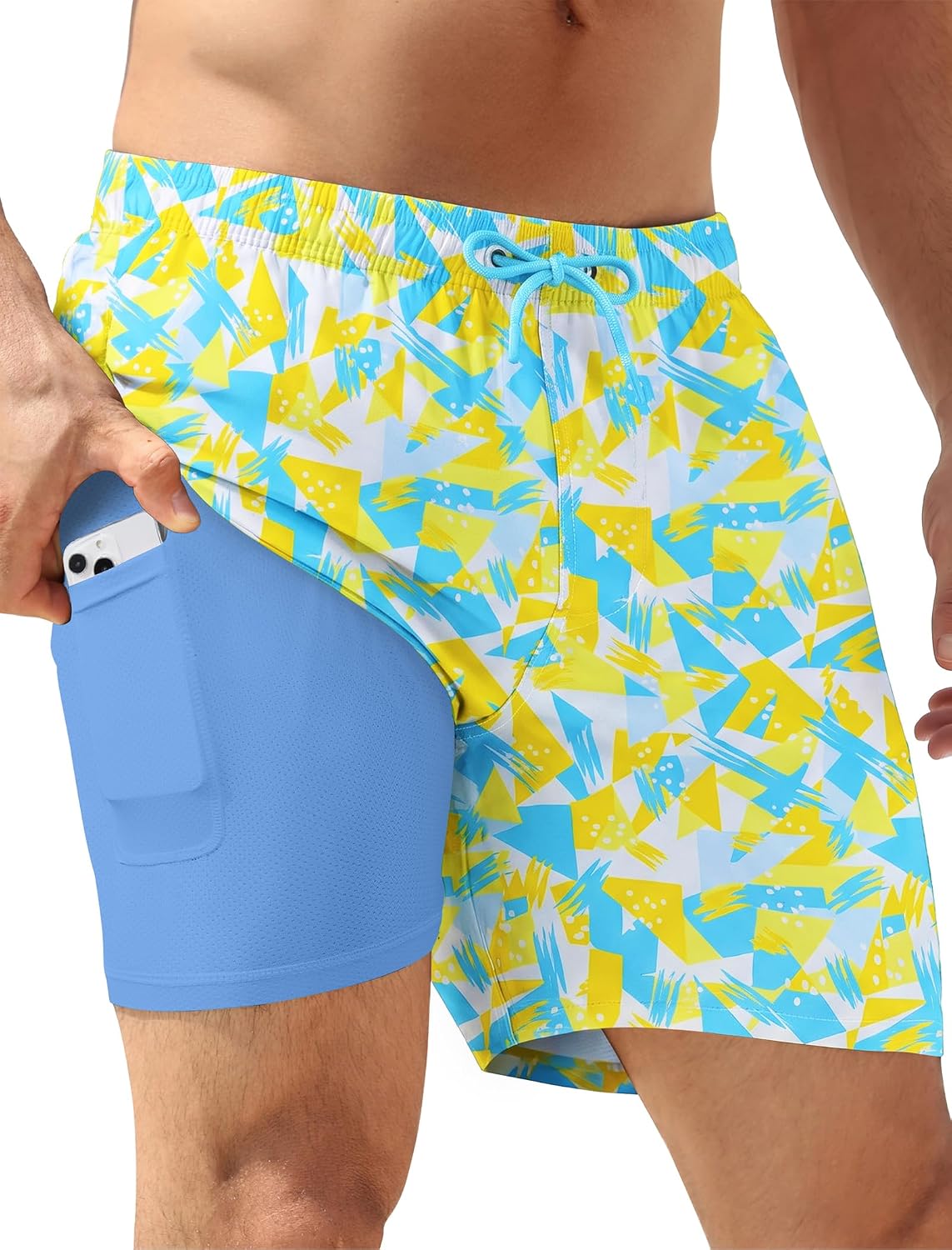 Men's 5 Inch Swim Trunks - Quick Dry 2 in 1 Board Shorts with Compression Liner and Zipper Pockets - Black Green Leaves