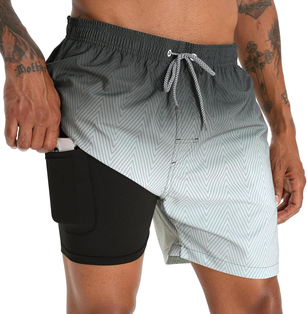 Men's 5.5 Inch Swim Trunks - Short Inseam Bathing Suit with Compression Liner and Quick Dry Finish - Large