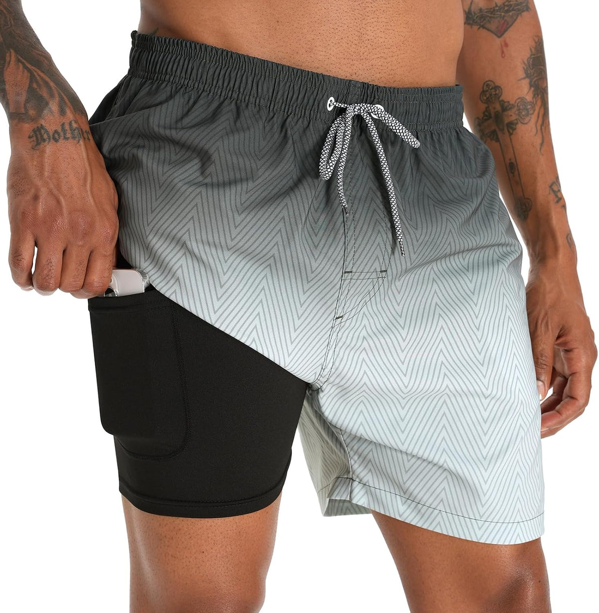 Men's 5.5 Inch Swim Trunks - Short Inseam Bathing Suit with Compression Liner and Quick Dry Finish - Large