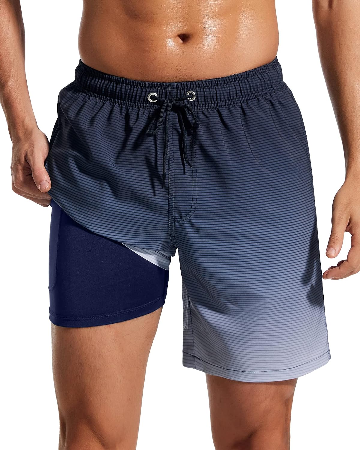 Men's 7 Inch Swim Trunks - 2 in 1 Compression Liner, Adjustable Waist and Side Zipper Pockets for Water Sports - Medium