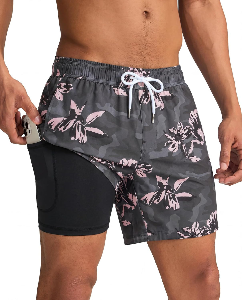 Men's Quick Dry Swim Trunks - 5 Inch Inseam with Built-In Compression Liner for Beach and Pool Days - Blue-pink Flamingo
