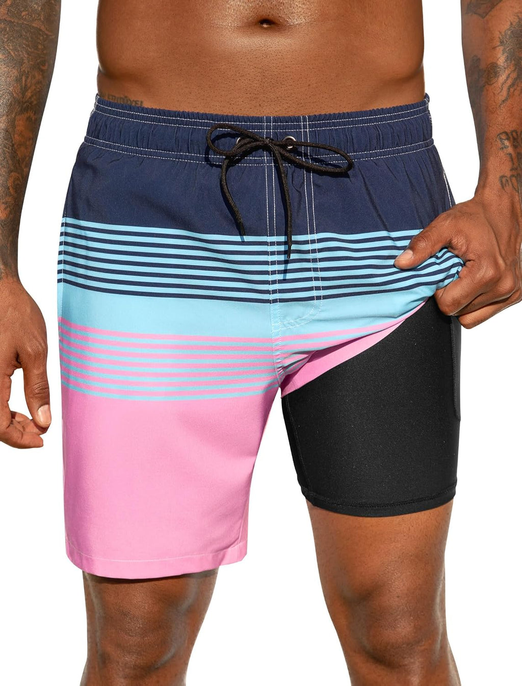 Men's 7 Inch Swim Trunks - 2 in 1 Compression Liner, Adjustable Waist and Side Zipper Pockets for Water Sports - Large