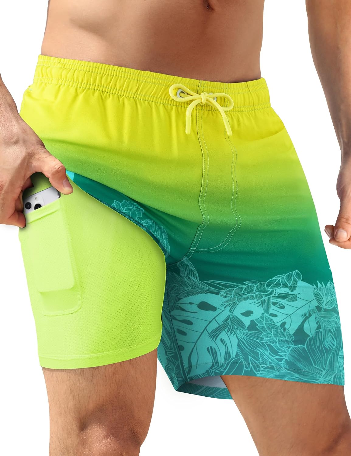 Men's 5 Inch Swim Trunks - Quick Dry 2 in 1 Board Shorts with Compression Liner and Zipper Pockets - Retro Geometric