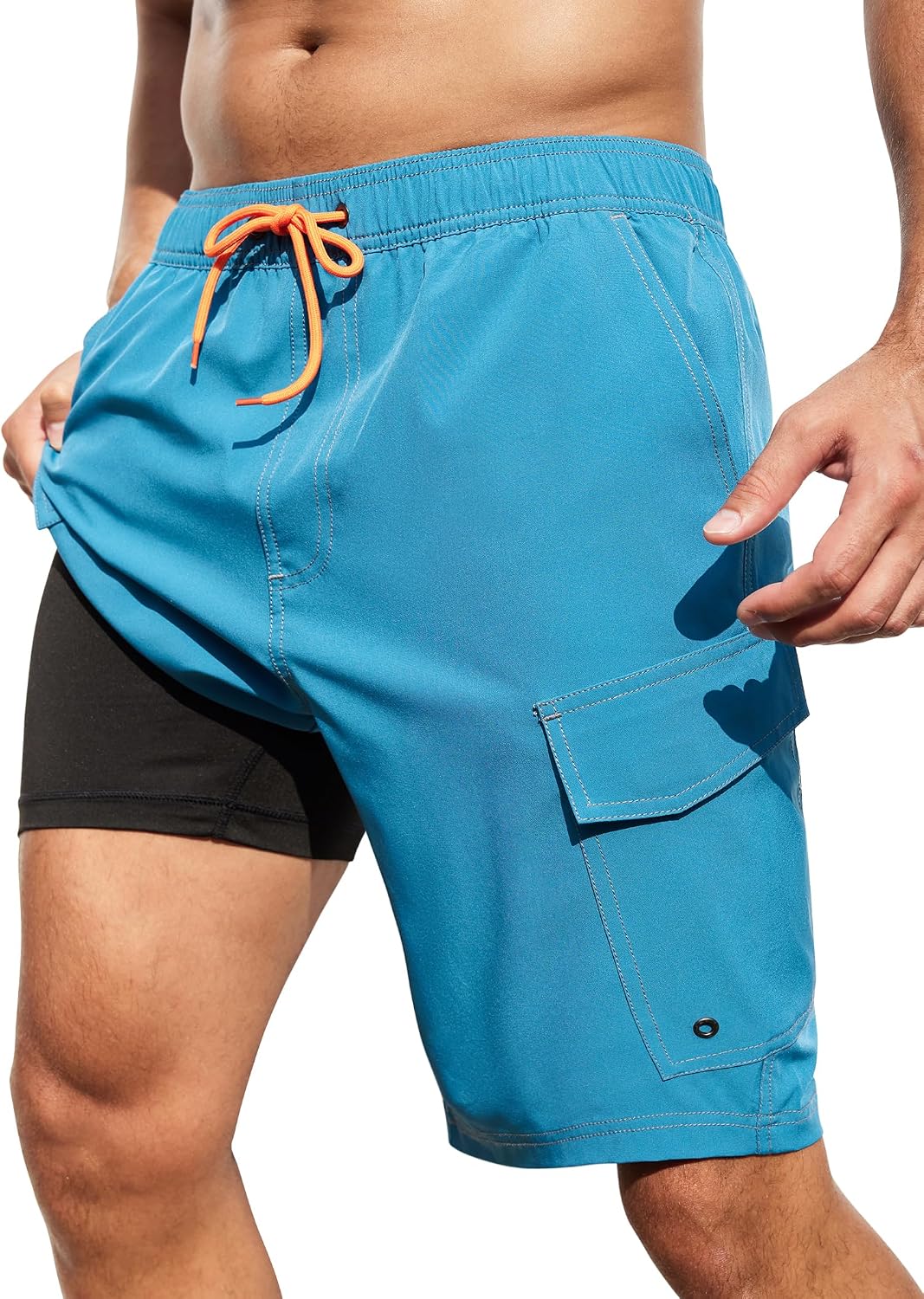 Men's Cargo Swim Trunks - 9 Inch Board Shorts with Compression Liner and Deep Side Pockets for Water Parks - Medium