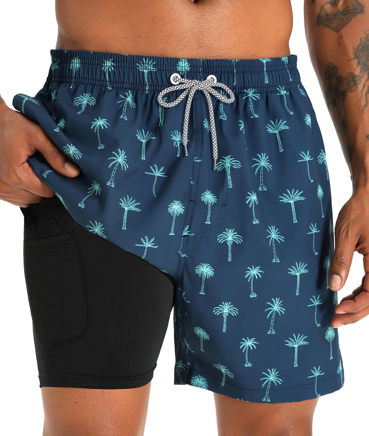 Men's 5 Inch Swim Trunks - Printed Beach Bathing Suit with Compression Liner and Elastic Waist for Poolside - Large