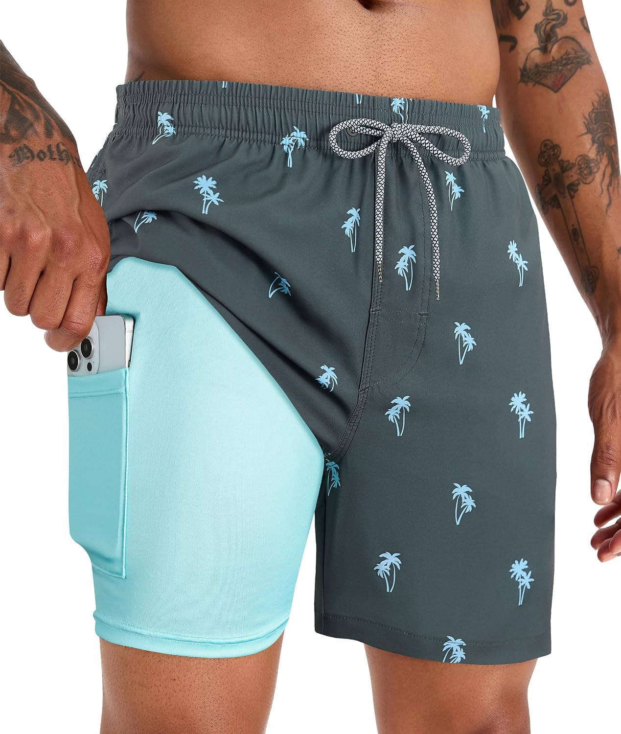 Men's 5 Inch Swim Trunks - Printed Beach Bathing Suit with Compression Liner and Elastic Waist for Poolside - Large