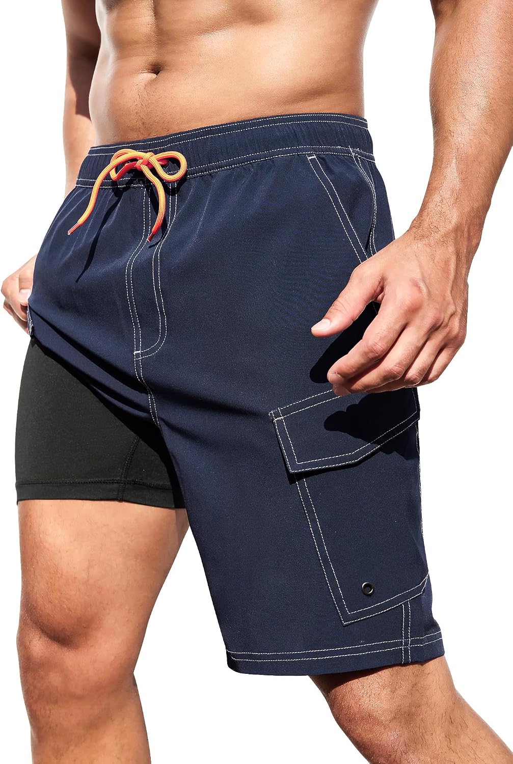 Men's Cargo Swim Trunks - 9 Inch Board Shorts with Compression Liner and Deep Side Pockets for Water Parks - Small
