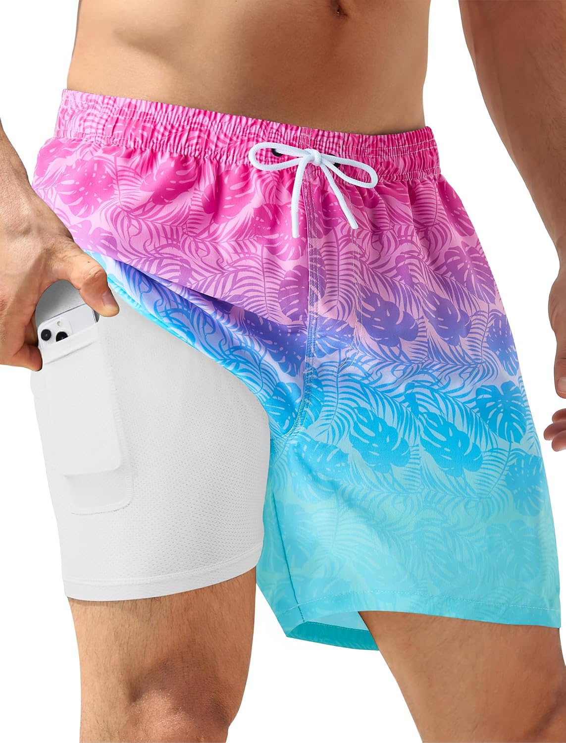 Men's 5 Inch Swim Trunks - Quick Dry 2 in 1 Board Shorts with Compression Liner and Zipper Pockets - Black Green Leaves