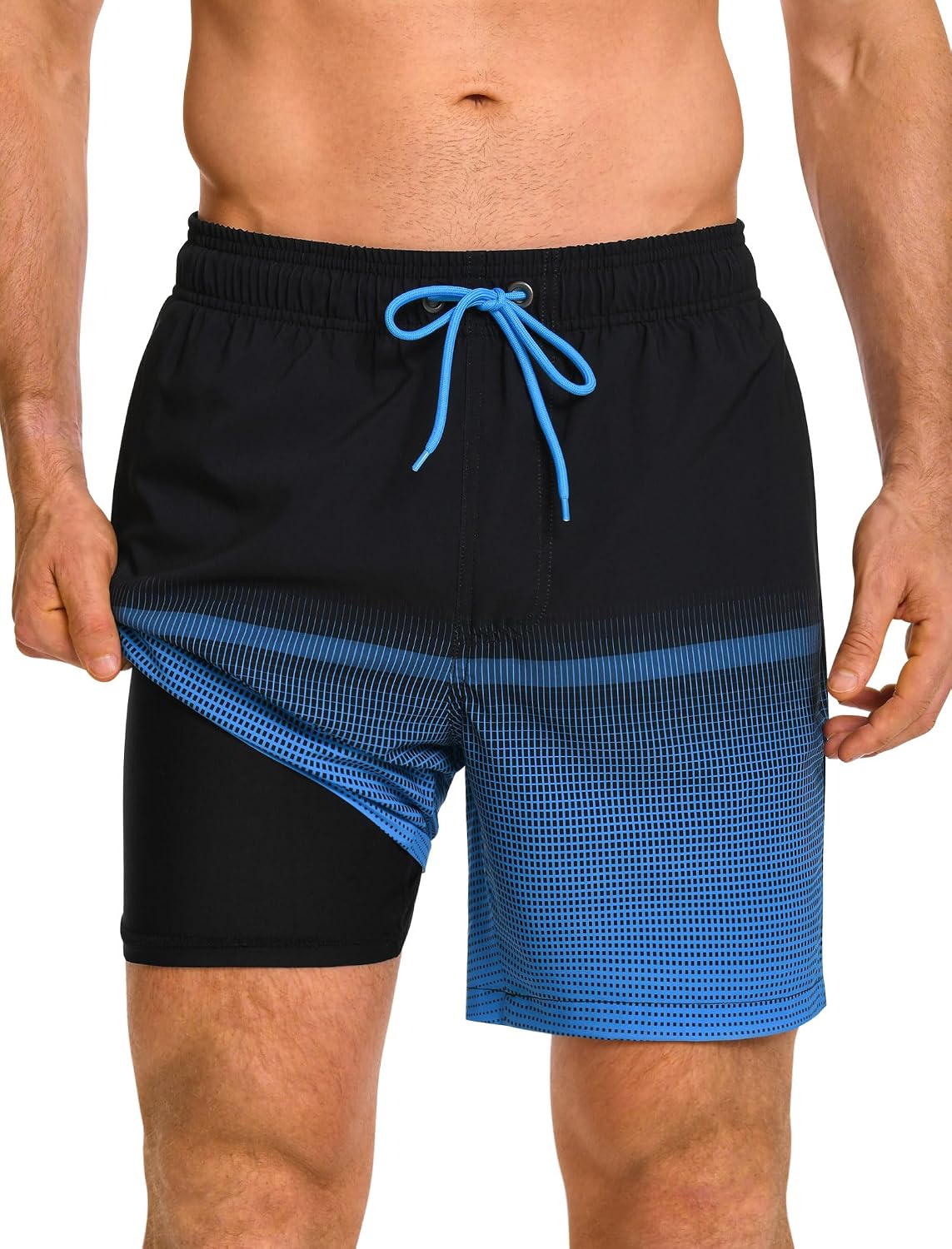 Men's 7 Inch Swim Trunks - 2 in 1 Compression Liner, Adjustable Waist and Side Zipper Pockets for Water Sports - Small