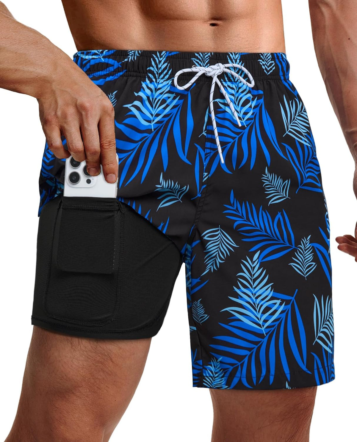 Men's 9 Inch Swim Trunks - UPF 40+ Board Shorts with Compression Liner, Velcro Pocket and Drain Holes - Small