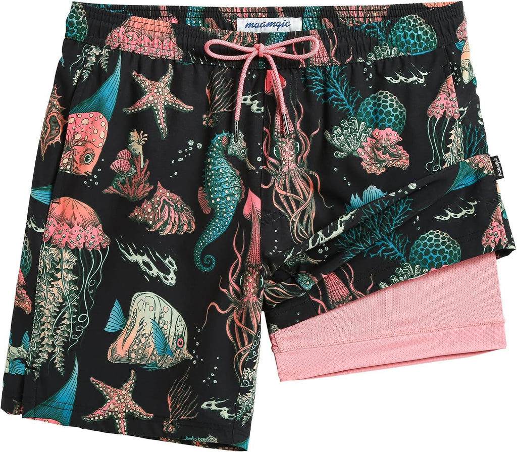 Men's 7 Inch Swim Trunks - Printed Quick Dry Bathing Suit with Compression Liner for Beach and Poolside - Large