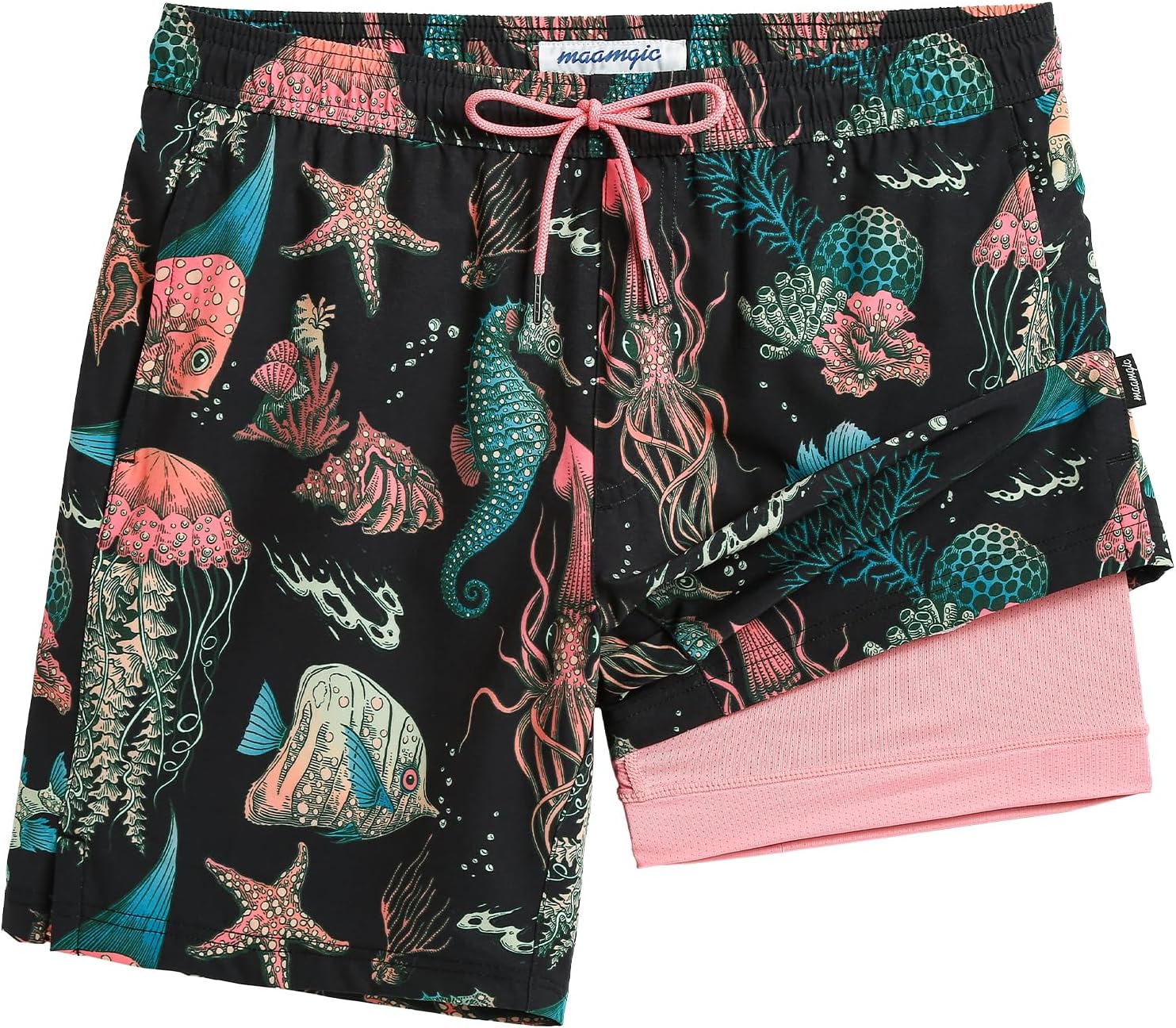 Men's 7 Inch Swim Trunks - Printed Quick Dry Bathing Suit with Compression Liner for Beach and Poolside - Large