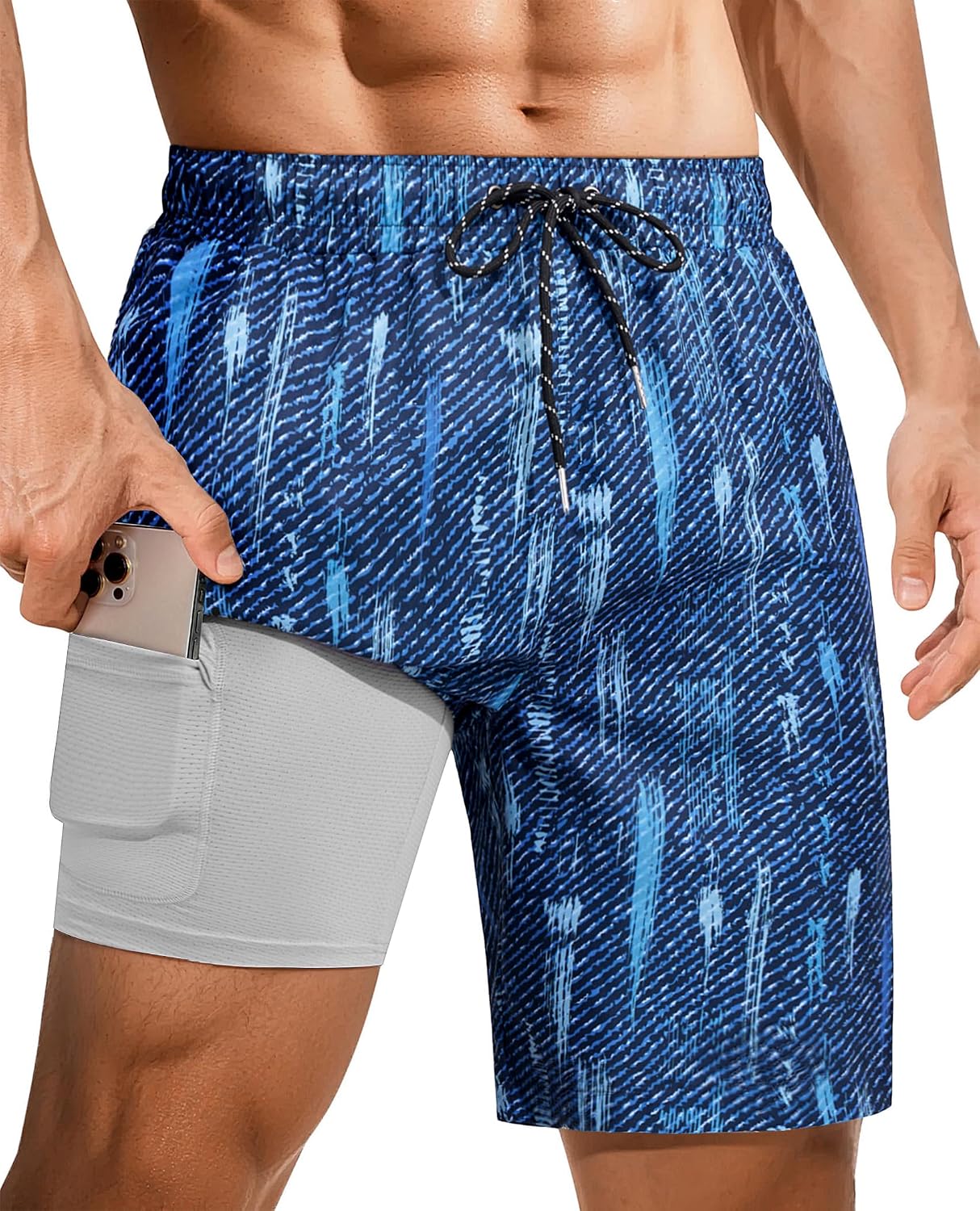 Men's 9 Inch Swim Trunks - UPF 40+ Board Shorts with Compression Liner, Velcro Pocket and Drain Holes - Medium