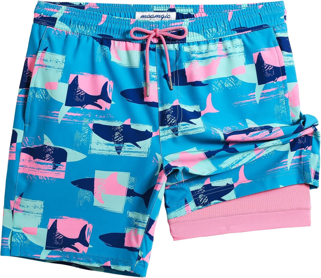 Men's 7 Inch Swim Trunks - Printed Quick Dry Bathing Suit with Compression Liner for Beach and Poolside - Large