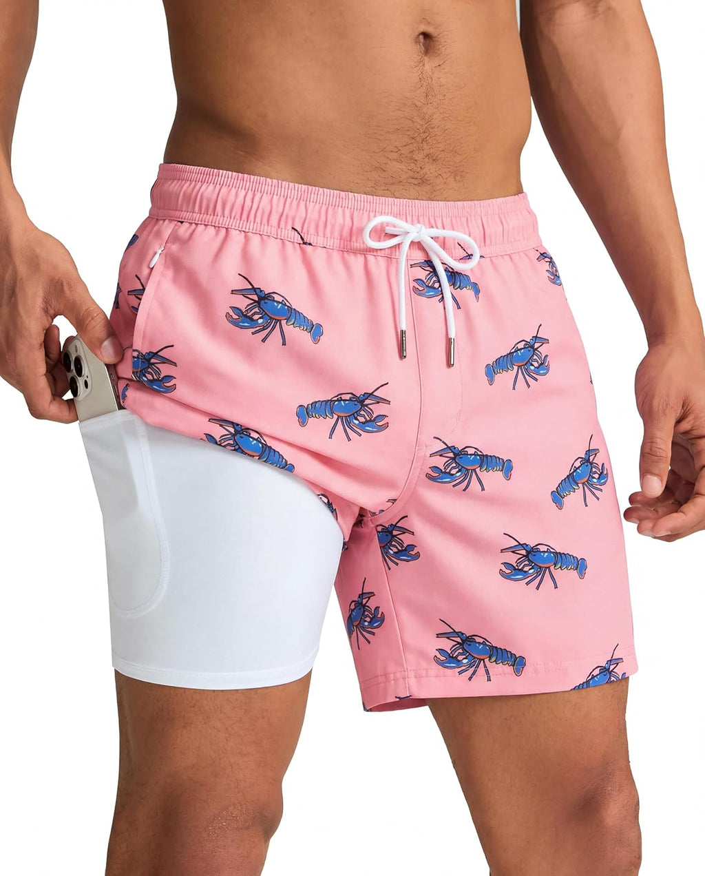 Men's Quick Dry Swim Trunks - 5 Inch Inseam with Built-In Compression Liner for Beach and Pool Days - Blue-pink Flamingo