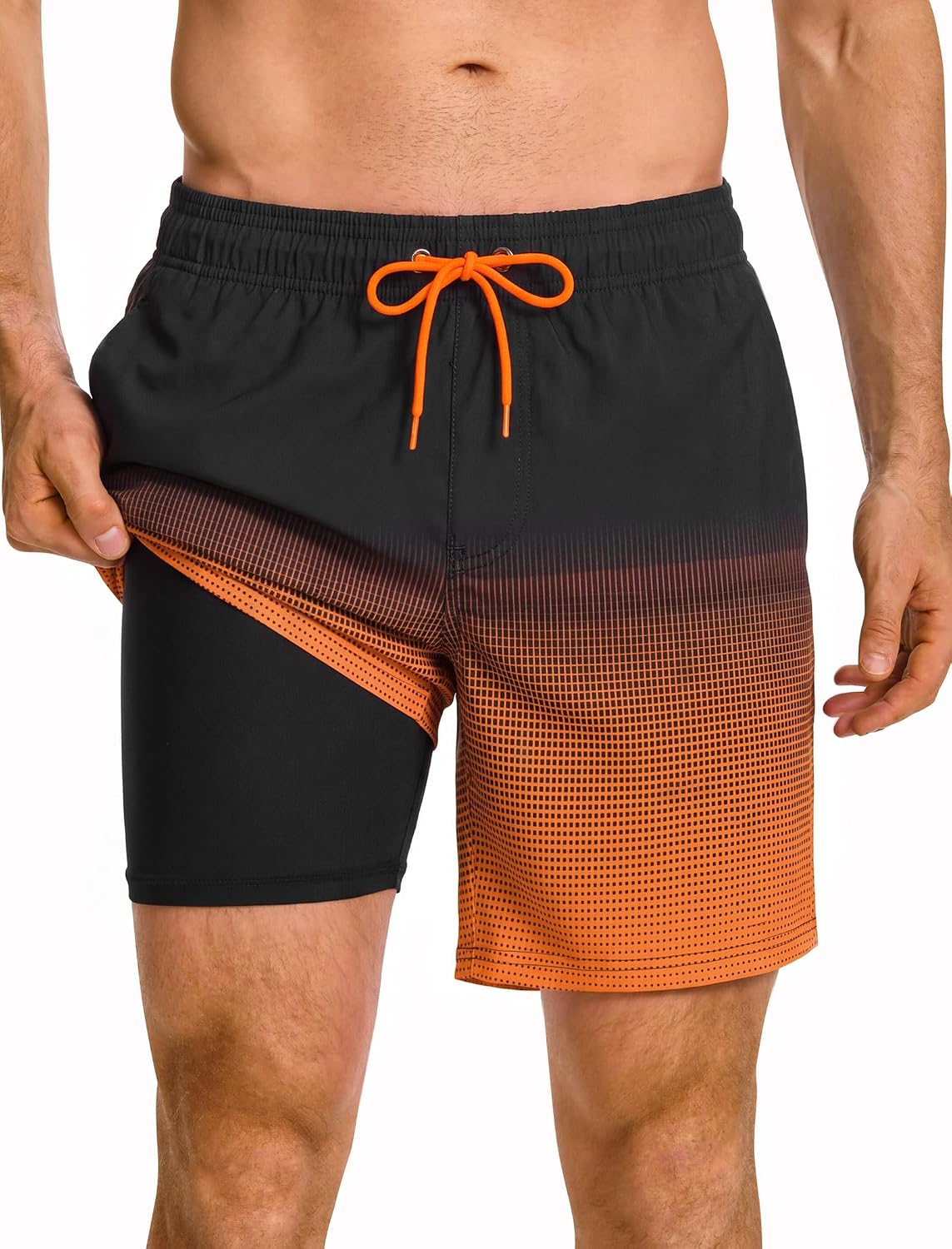 Men's 7 Inch Swim Trunks - 2 in 1 Compression Liner, Adjustable Waist and Side Zipper Pockets for Water Sports - Large